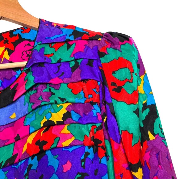 Flora Kung II New York Vintage Colorful 100% Silk Dress VTG Shoulder Pads Sz 10 - Picture 7 of 12
